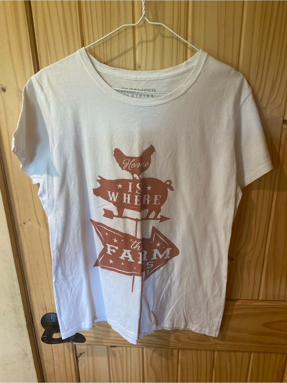 Women's White Short Sleeve Tee with Barnyard Graphic